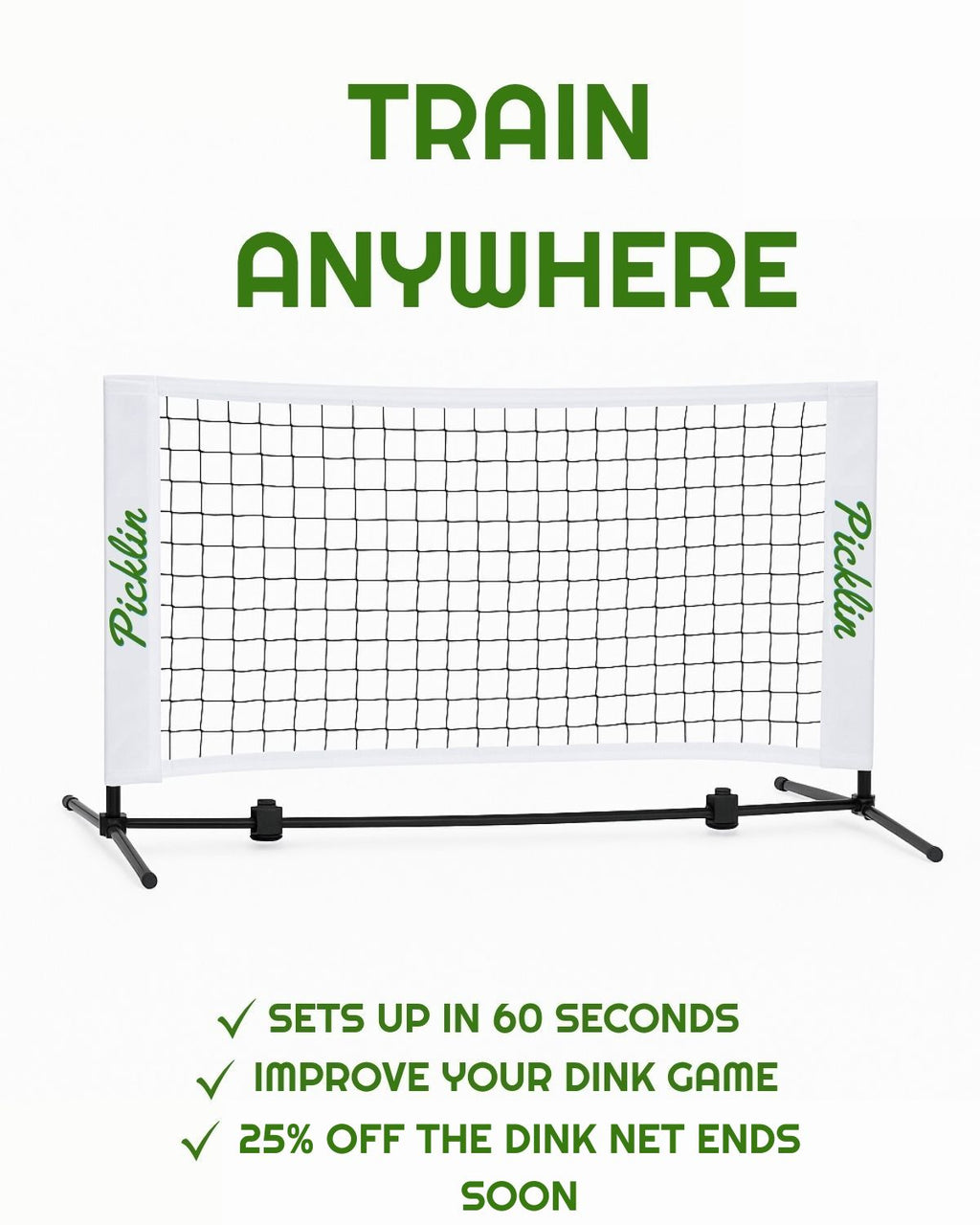 Portable pickleball net with Picklelin branding on a white background