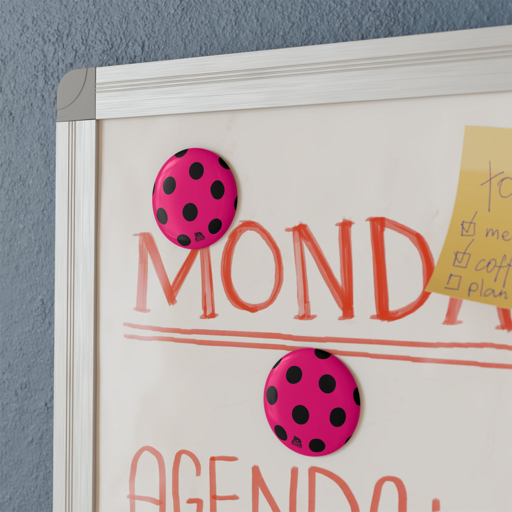 Pink Polka Dot Round Magnet — Bold Black Dots Refrigerator Button Magnet