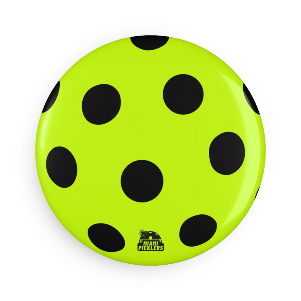 Neon Green Polka Dot Round Magnet — Bold Black Dots Refrigerator Button Magnet