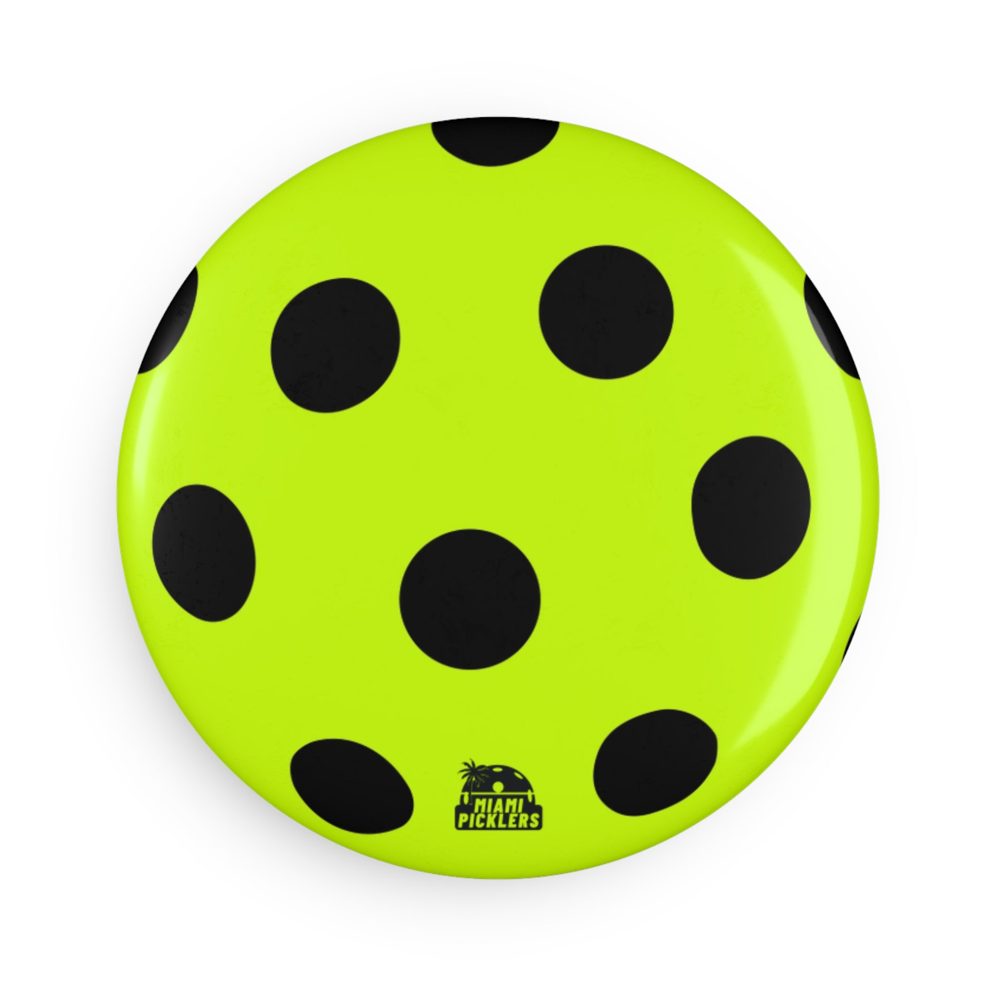 Neon Green Polka Dot Round Magnet — Bold Black Dots Refrigerator Button Magnet