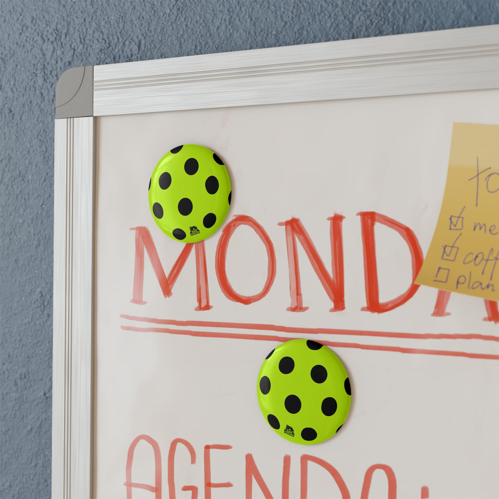 Neon Green Polka Dot Round Magnet — Bold Black Dots Refrigerator Button Magnet