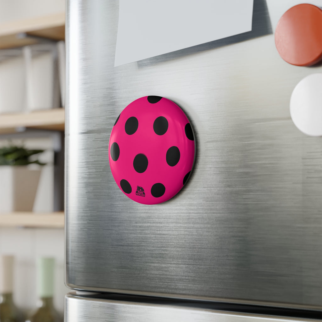 Pink Polka Dot Round Magnet — Bold Black Dots Refrigerator Button Magnet