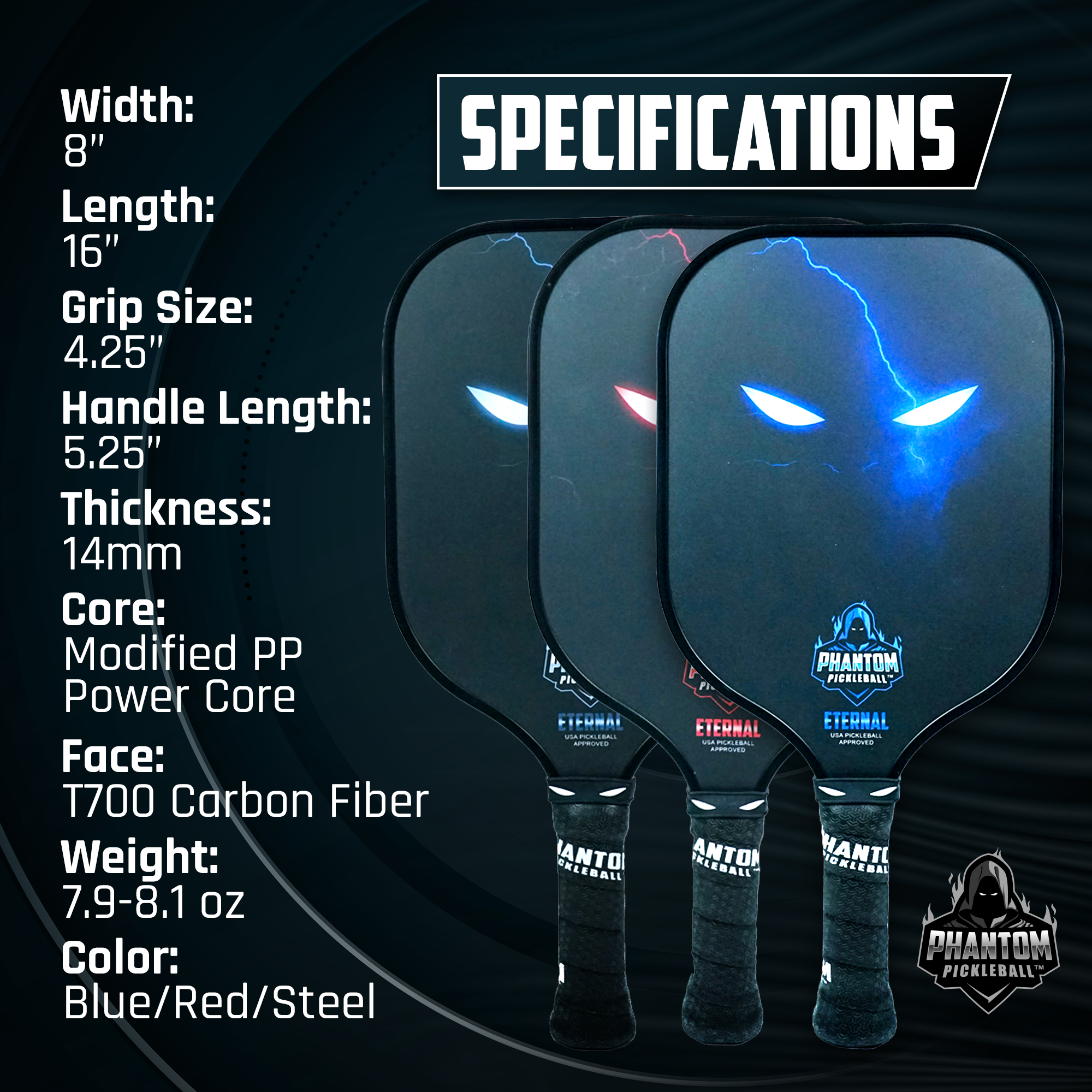 Phantom Eternal 14MM T700 Carbon Fiber Pickleball Paddle with Cover