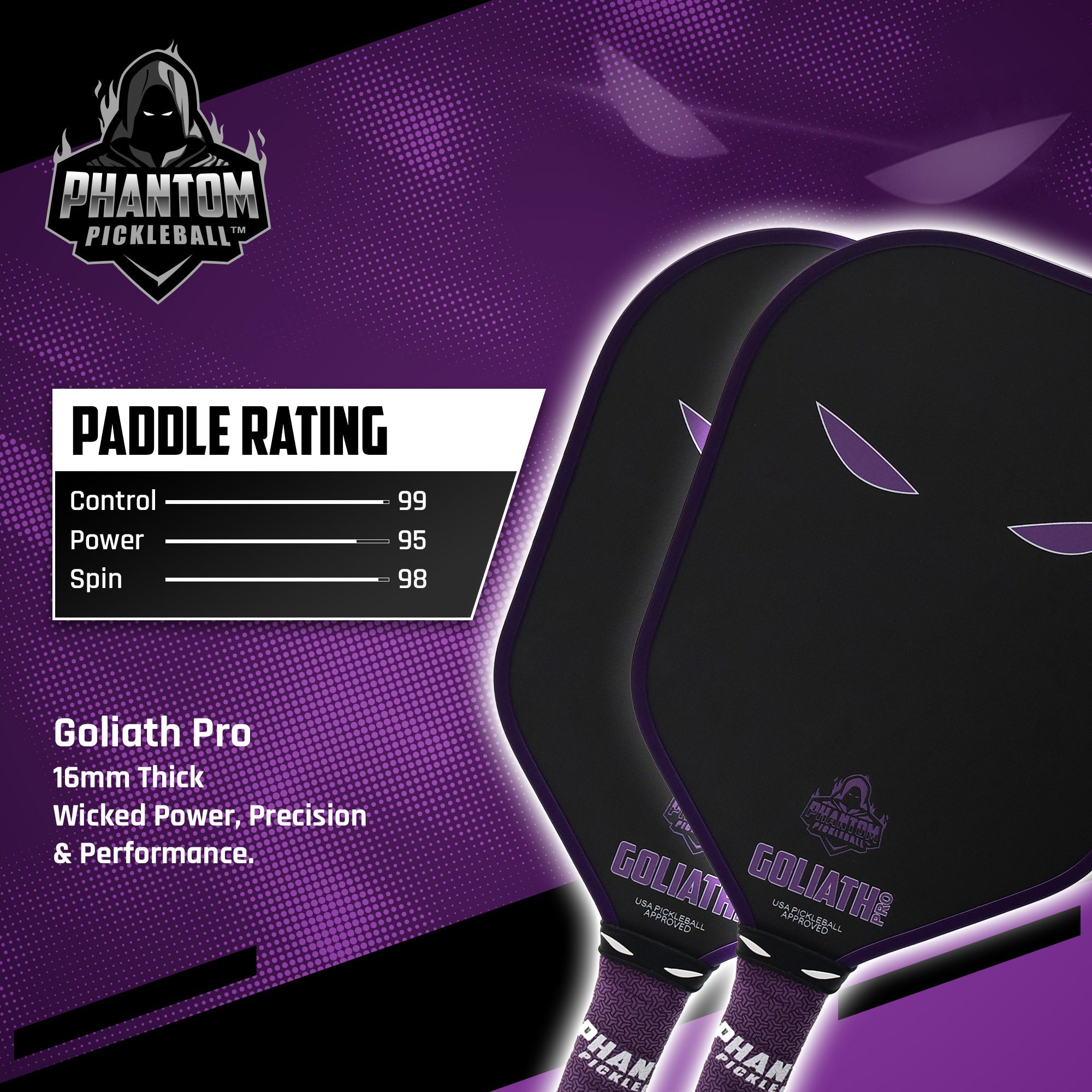 PHANTOM GOLIATH PRO 16MM T700 Raw Carbon Fiber Thermoformed Pro Pickleball Paddle