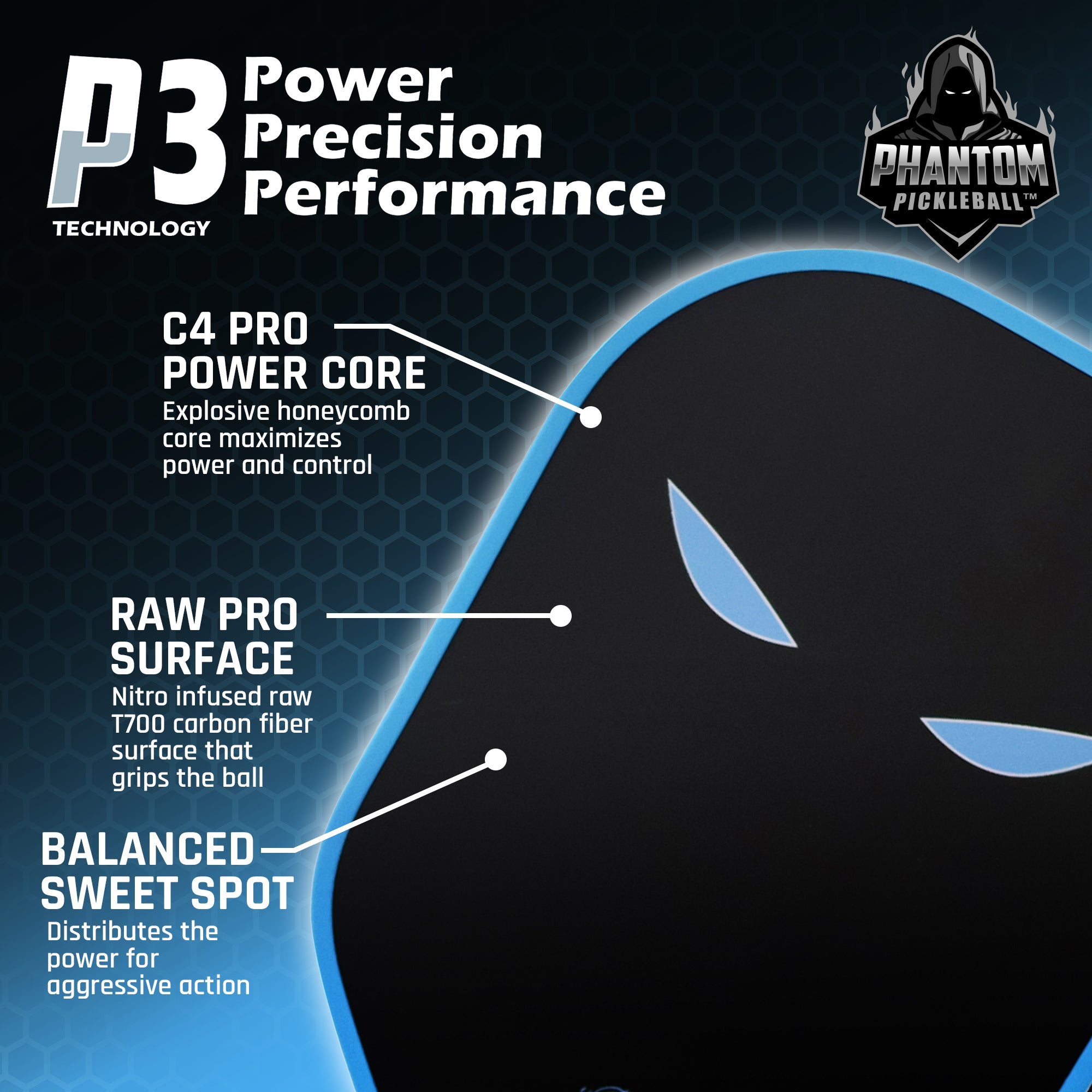PHANTOM SNIPER PRO 12MM T700 Raw Carbon Fiber Thermoformed Pro Pickleball Paddle