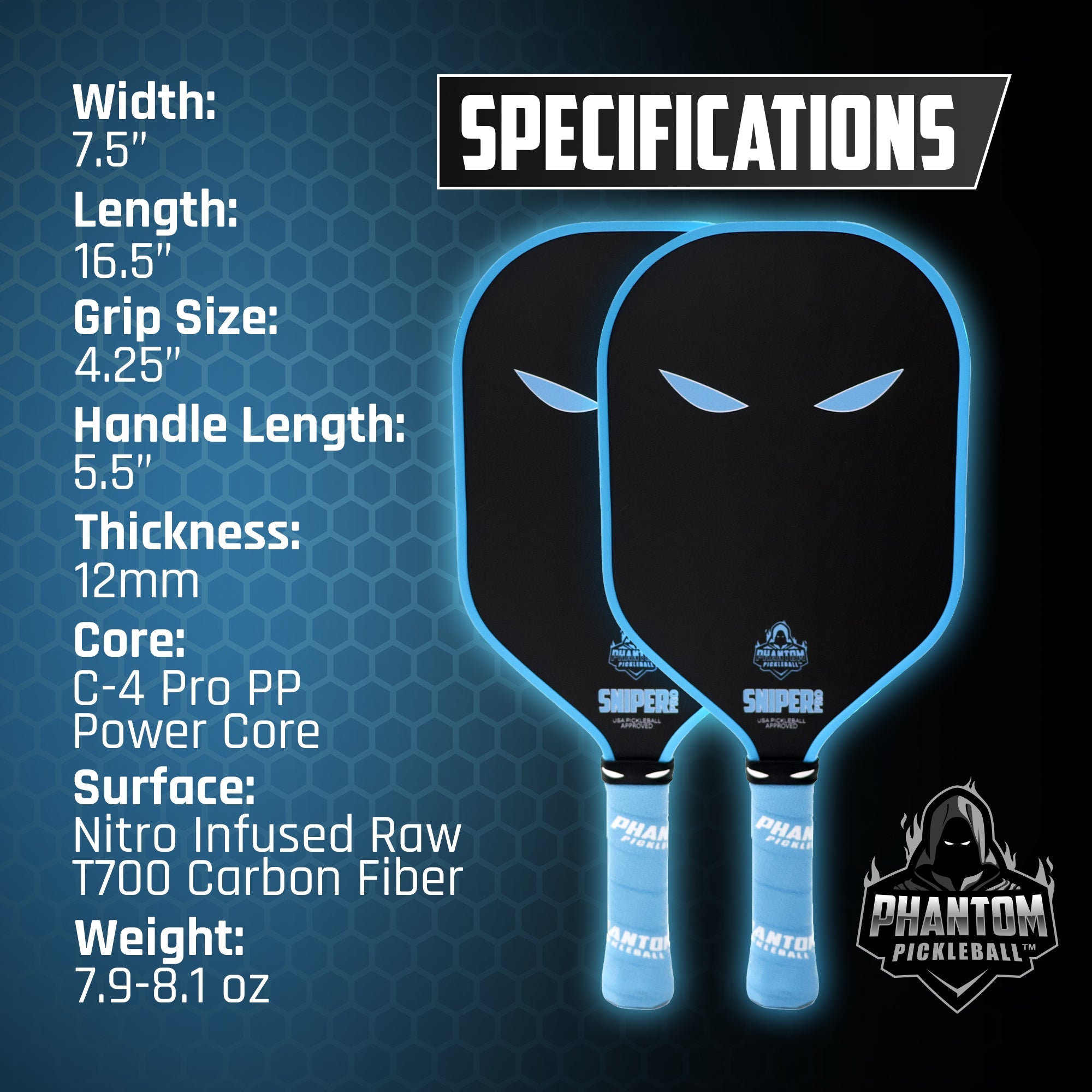 PHANTOM SNIPER PRO 12MM T700 Raw Carbon Fiber Thermoformed Pro Pickleball Paddle