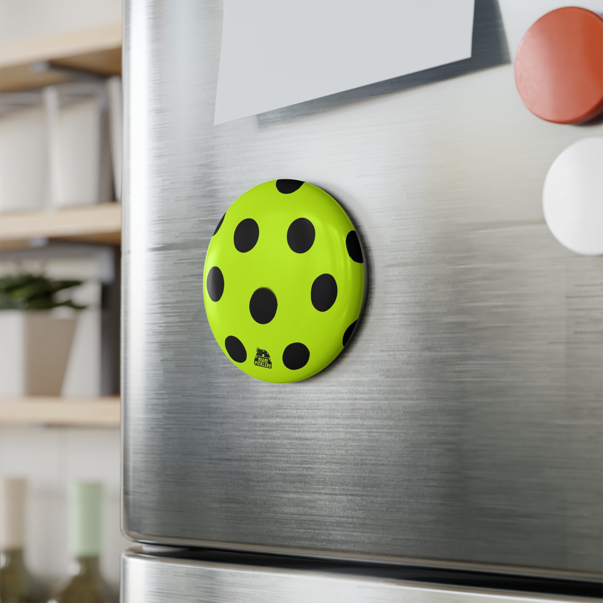 Neon Green Polka Dot Round Magnet — Bold Black Dots Refrigerator Button Magnet