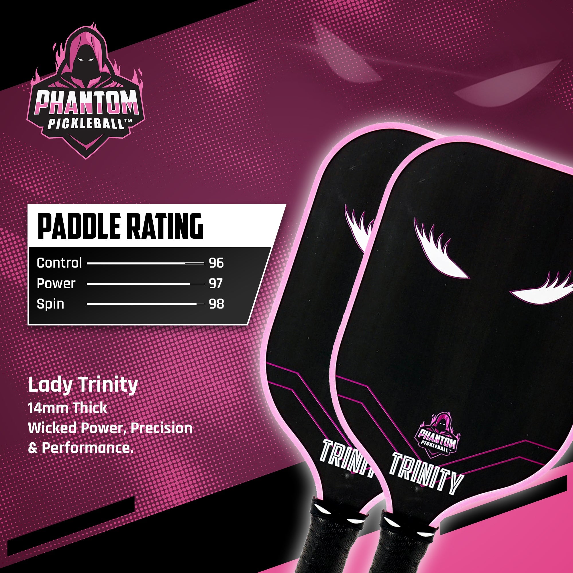 Phantom LADY TRINITY 14MM T700 Raw Carbon Fiber Thermoformed Pro Pickleball Paddle