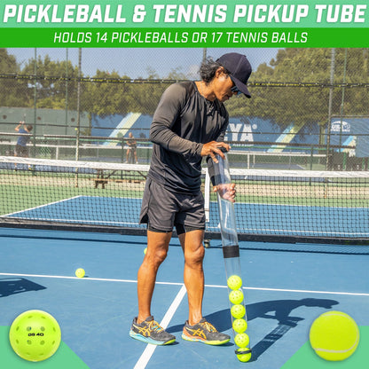 Man picking up pickleballs with pickleball picker upper tube
