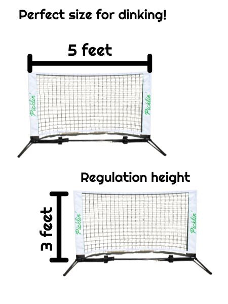 Portable pickleball net system with dimensions labeled on a white background