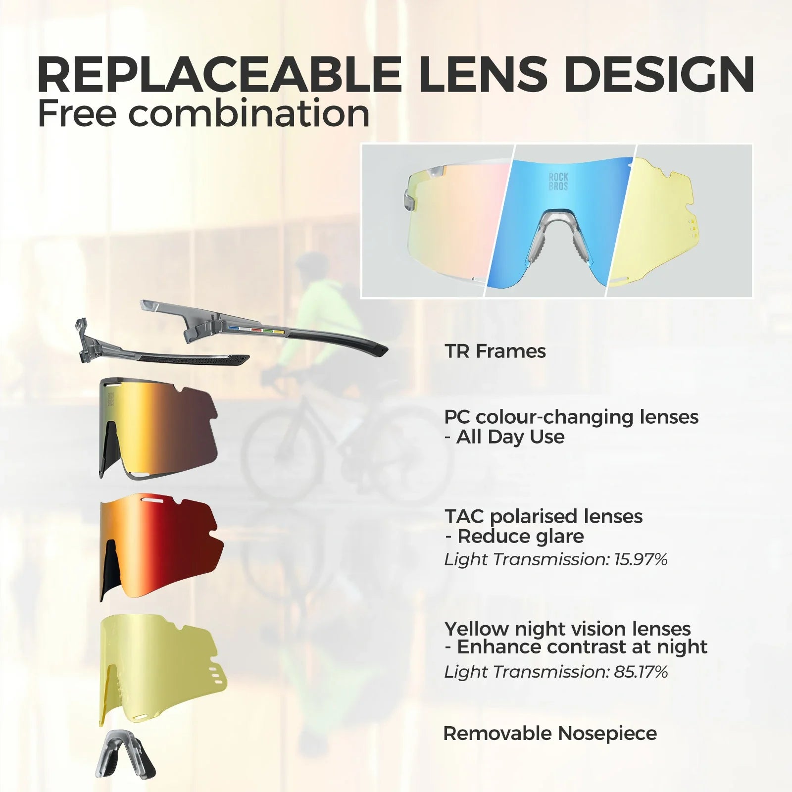 BOUNDLESS Three Lens Photochromic Cycling Sports Sunglasses
